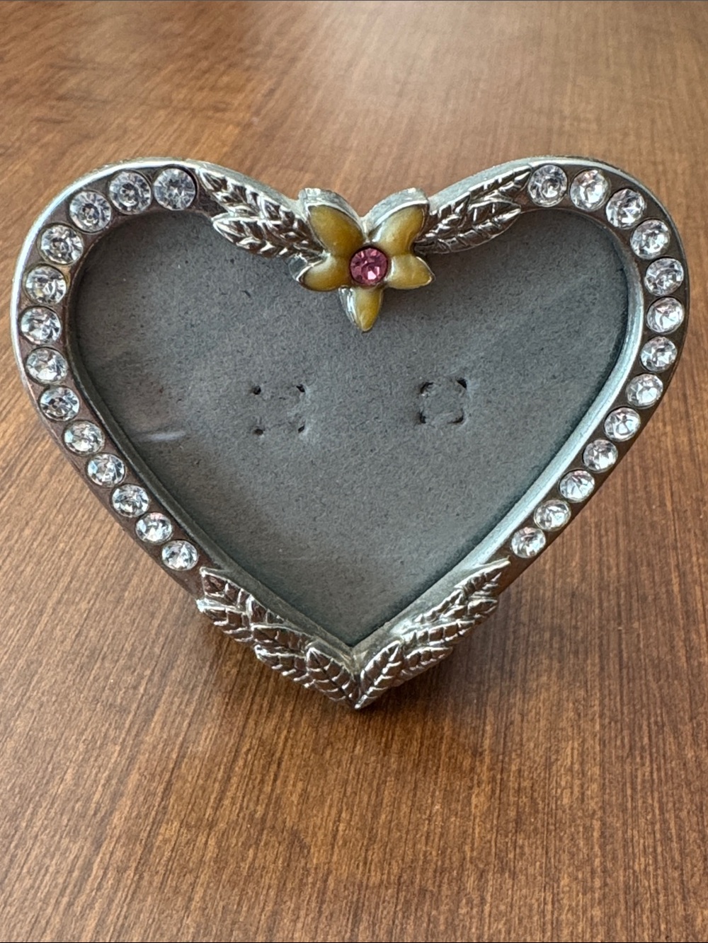 Heart-Shaped Silver Jeweled Photo Frame with Yellow Flower Accent